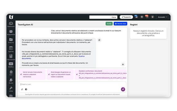 Immagine schermata software TeamSystem AI, l’intelligenza artificiale sviluppata per gli avvocati, gli studi e uffici legali.