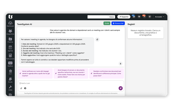 Immagine schermata software TeamSystem AI, l’intelligenza artificiale sviluppata per gli avvocati, gli studi e uffici legali.