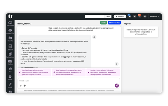 Immagine schermata software TeamSystem AI, l’intelligenza artificiale sviluppata per gli avvocati, gli studi e uffici legali.