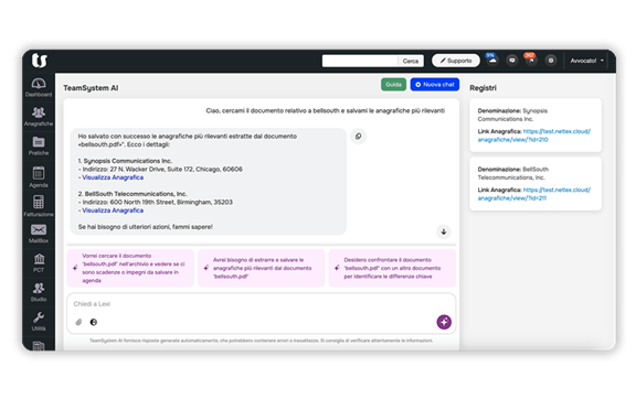 Immagine schermata software TeamSystem AI, l’intelligenza artificiale sviluppata per gli avvocati, gli studi e uffici legali.