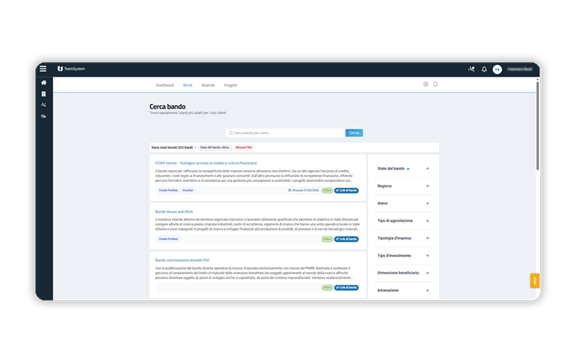 Schermata con elenco bandi e filtri per cercarne.