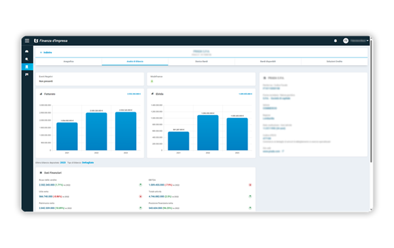 Schermata software TeamSystem Finanza Agevolata che mostra un esempio di analisi di bilancio aziendali con grafici e numeri.