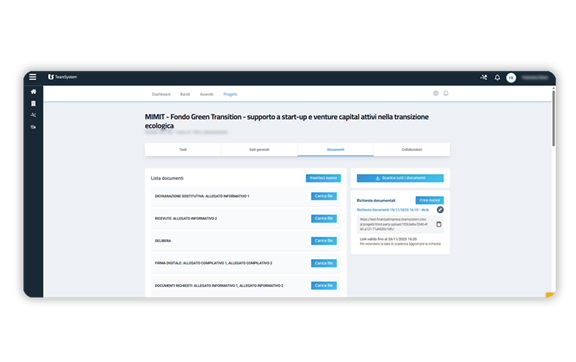 Schermata software TeamSystem Finanza Agevolata dove si mostra la sezione documentale.