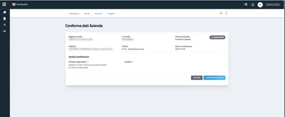 Sezione Aziende - Conferma dati azienda