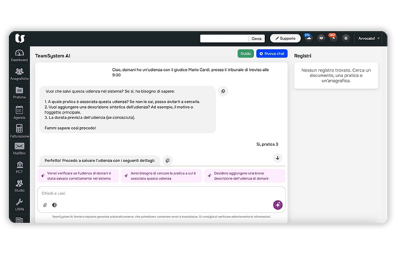Immagine schermata software TeamSystem AI, l’intelligenza artificiale sviluppata per gli avvocati, gli studi e uffici legali.