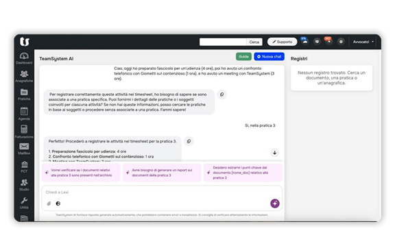 Immagine schermata software TeamSystem AI, l’intelligenza artificiale sviluppata per gli avvocati, gli studi e uffici legali.